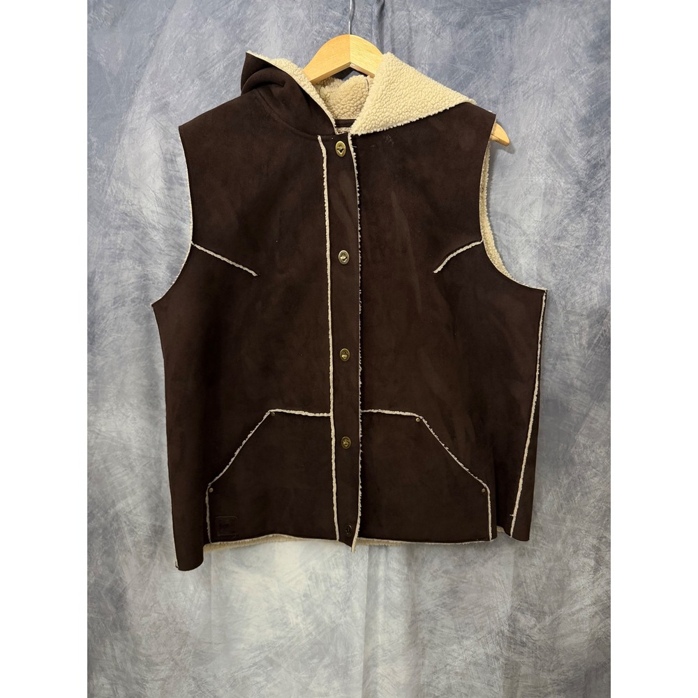 Lauren Ralph Lauren Brown Faux Suede Sherpa Lined Hooded Vest Plus Size 1X